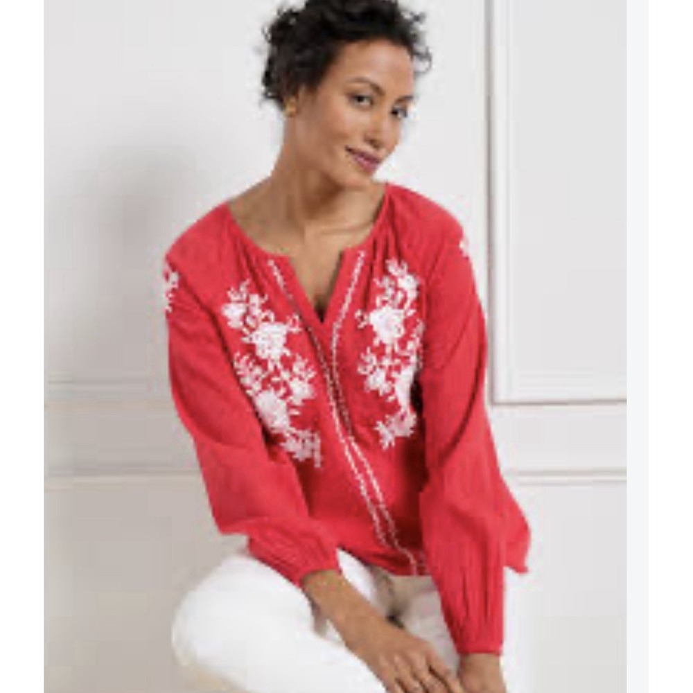 Talbots Women's Red Crinkle Gauze Floral Embroidered Peasant Blouse Medium New